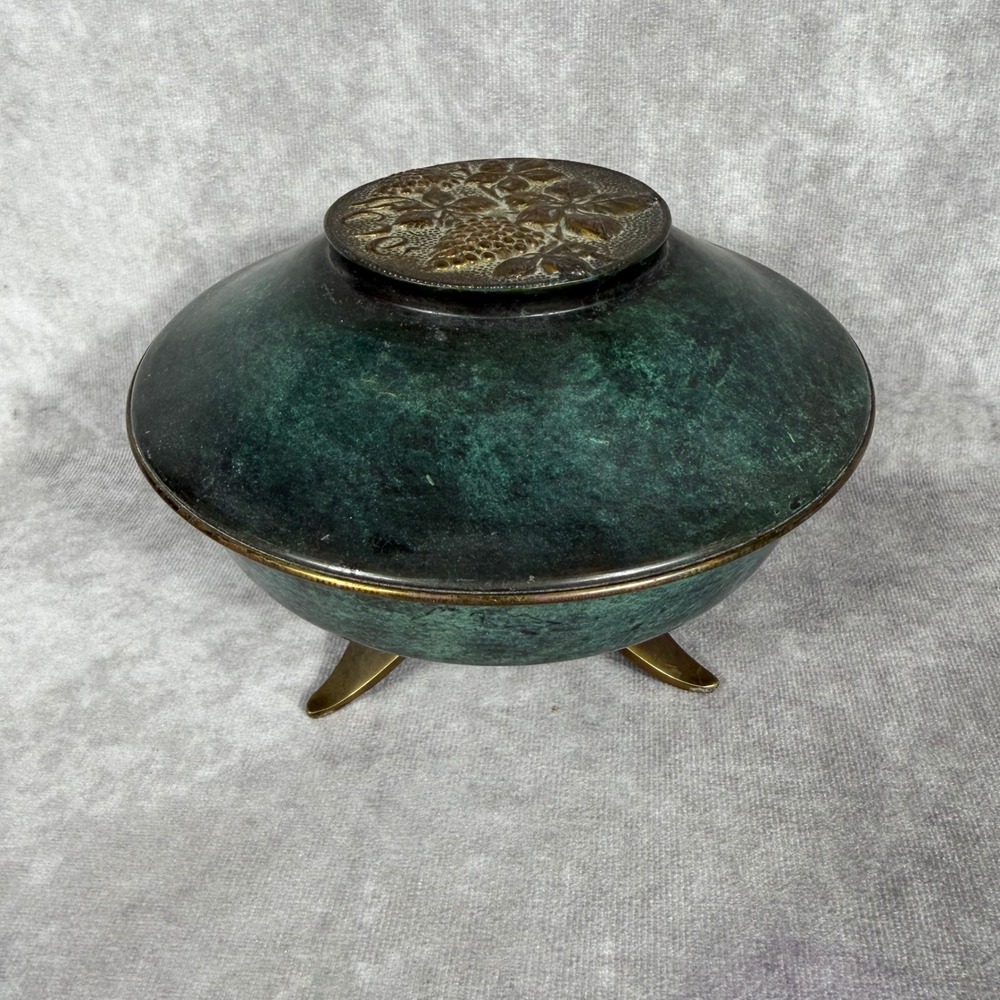 Vtg Oppenheim Israel Brass Verdigris Footed Bowl Hand Made Grapes‎ MCM Judaica